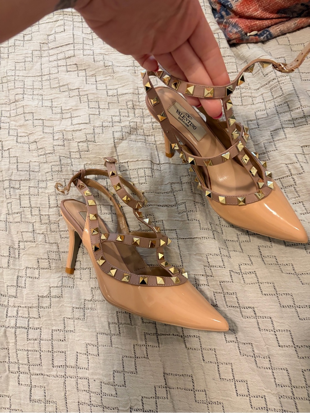 Valentino Patent Leather Nude/Tan Studded Slingback Pumps